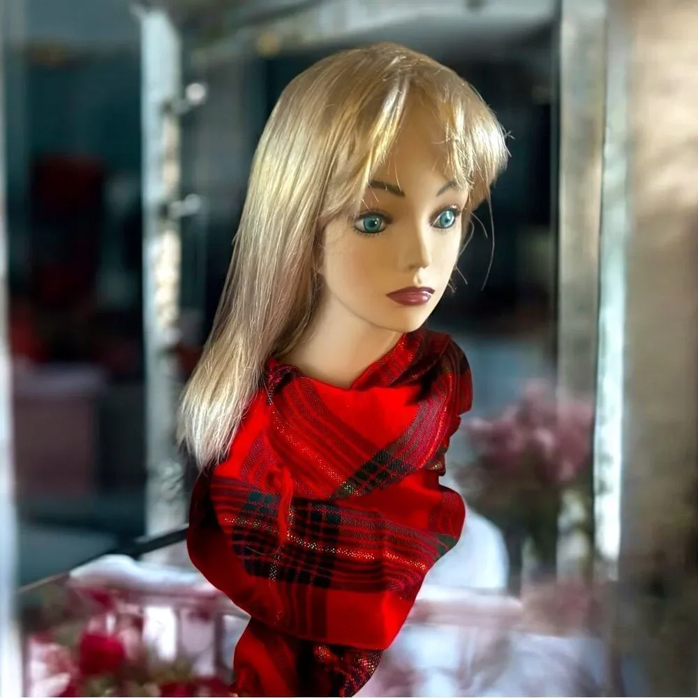Plaid Scarf l Gold embosseded 70” scarf l Accessory l Red, Green,,Gold. l Light!